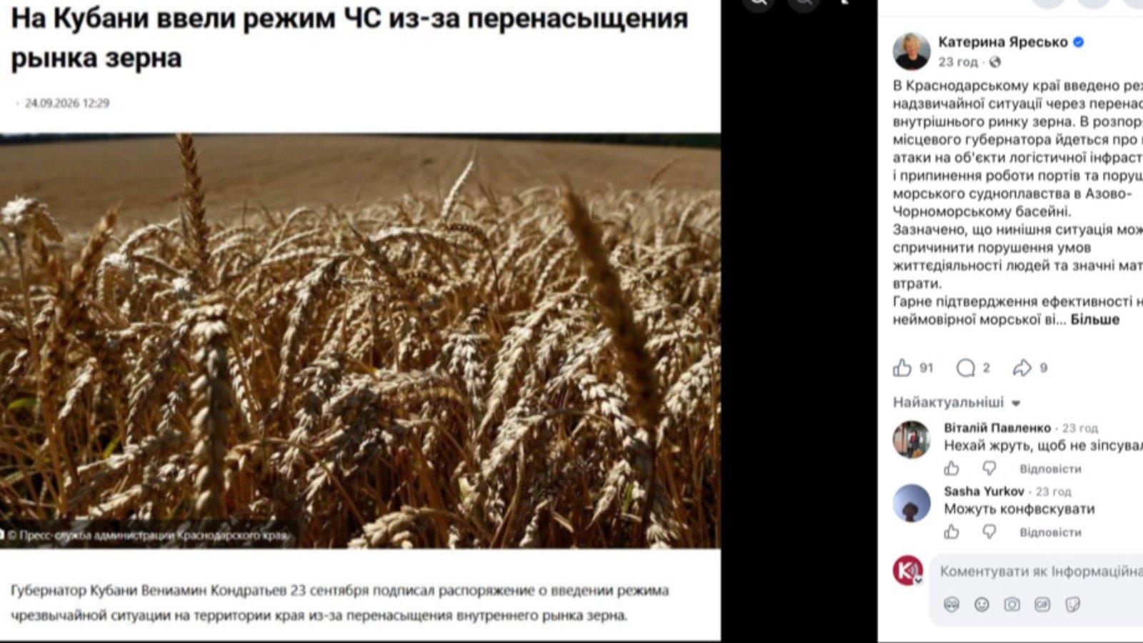 Наслідки українських ударів: у Краснодарському краї РФ ввели режим НС через блокування експорту зерна