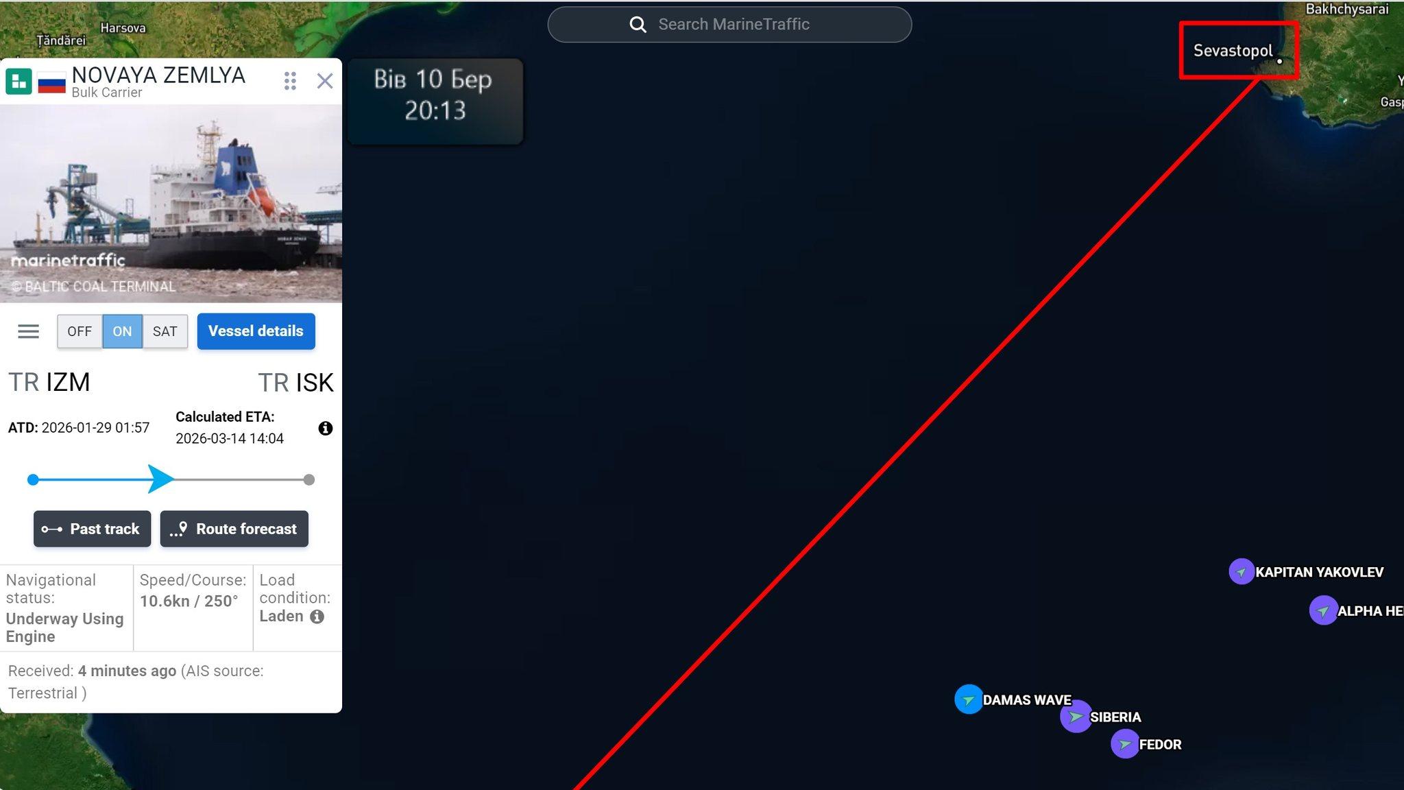 Черговий рейс із краденим зерном: підсанкційне судно «Новая Земля» прямує з окупованого Севастополя до Туреччини